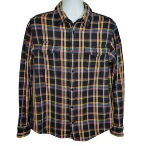 Outerknown Blanket Shirt Mens Large Black Rainbow Plaid Organic Cotton Shacket‎